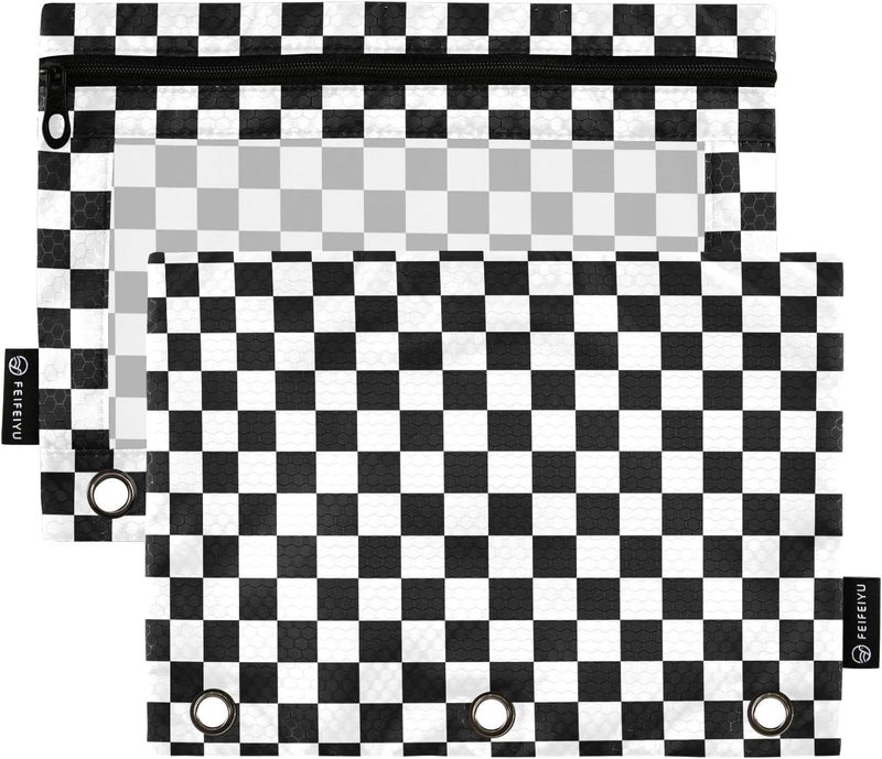 BOENLE Black White Checkered Pattern Pencil Pouch for 3 Ring Binder, 2 Pack Waterproof Pencil Bags Clear Window Pencil Case Zipper School Office Supplies - Image 1